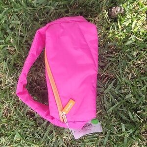 Benefit pink orange nylon puffy purse crescent shape makeup bag